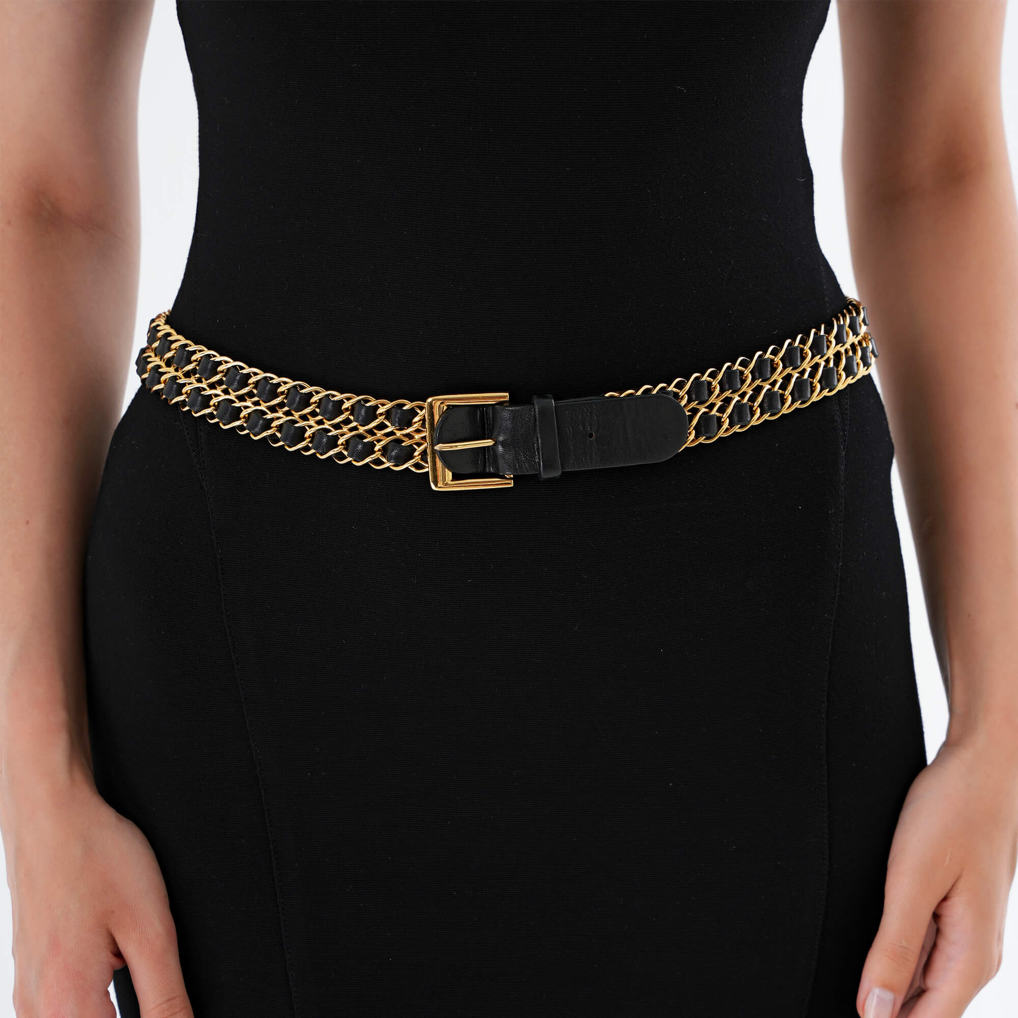 Chanel - Vintage Black Leather & Gold Chain Regular Belt 85/34 - 91cm